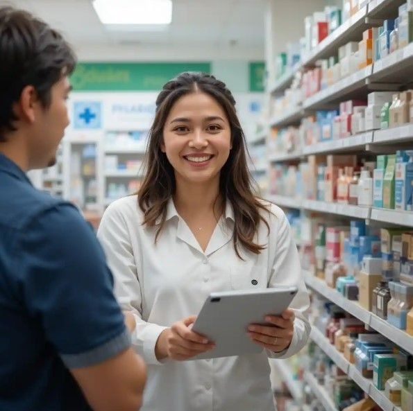 Pharmacist using a tablet device in-store